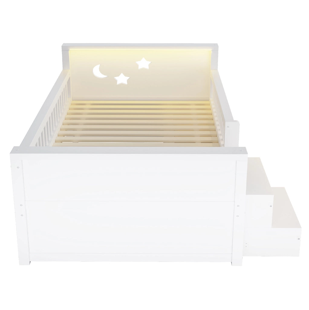 Letto per bambini 90x200 cm con LED, 4 cassetti e sponde in MDF bianco