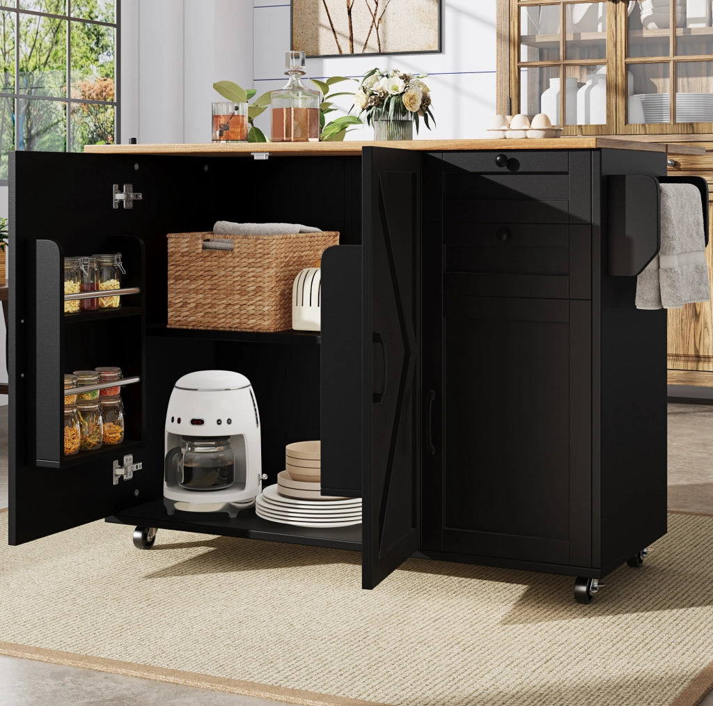 Carrello da cucina 120x43.2x92 cm con piano pieghevole; ampio spazio contenitivo; MDF; nero