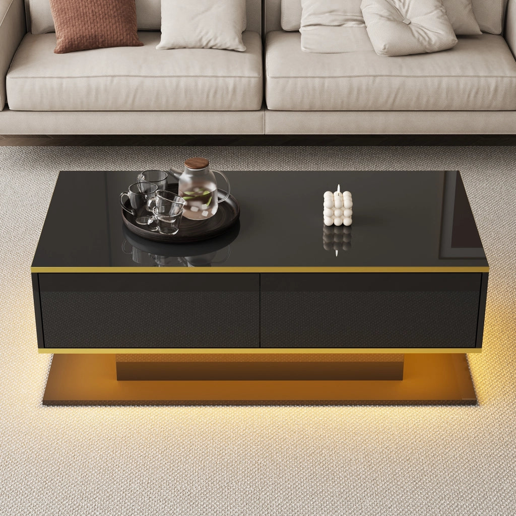 Tavolino da caffè 100x50x40 cm; con LED e 3 cassetti; finitura lucida; truciolato; nero e oro