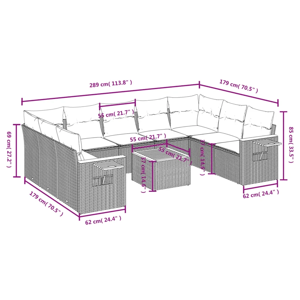 Set Divani da Giardino 10pz con Cuscini in Polyrattan Nero 3259521