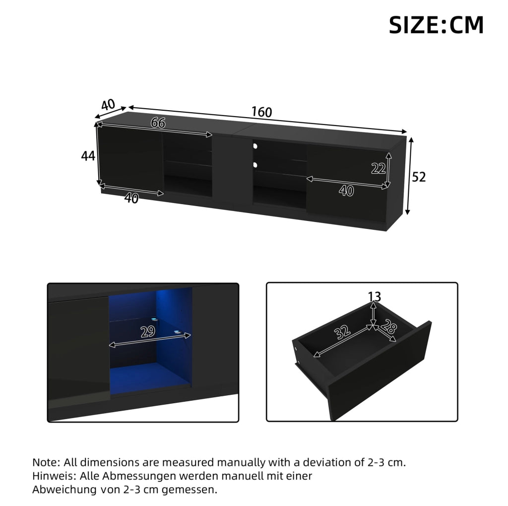 Mobile TV con LED; 2 cassetti e vano chiuso; MDF; vetro temperato; 160 x 40 x 52 cm; nero