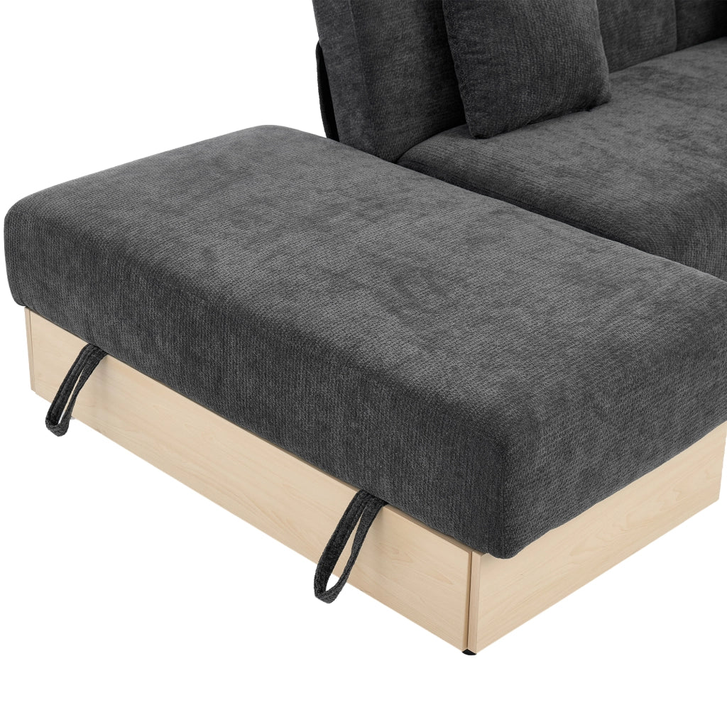 Divano letto 3 posti con contenitore; schienale reclinabile e portabicchieri in ciniglia grigia 217×110×90 cm