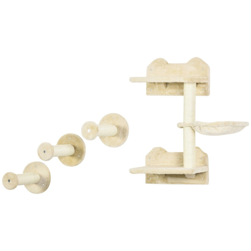 Set da parete per gatti 4 pezzi con tiragraffi, amaca e piattaforma, colore beige