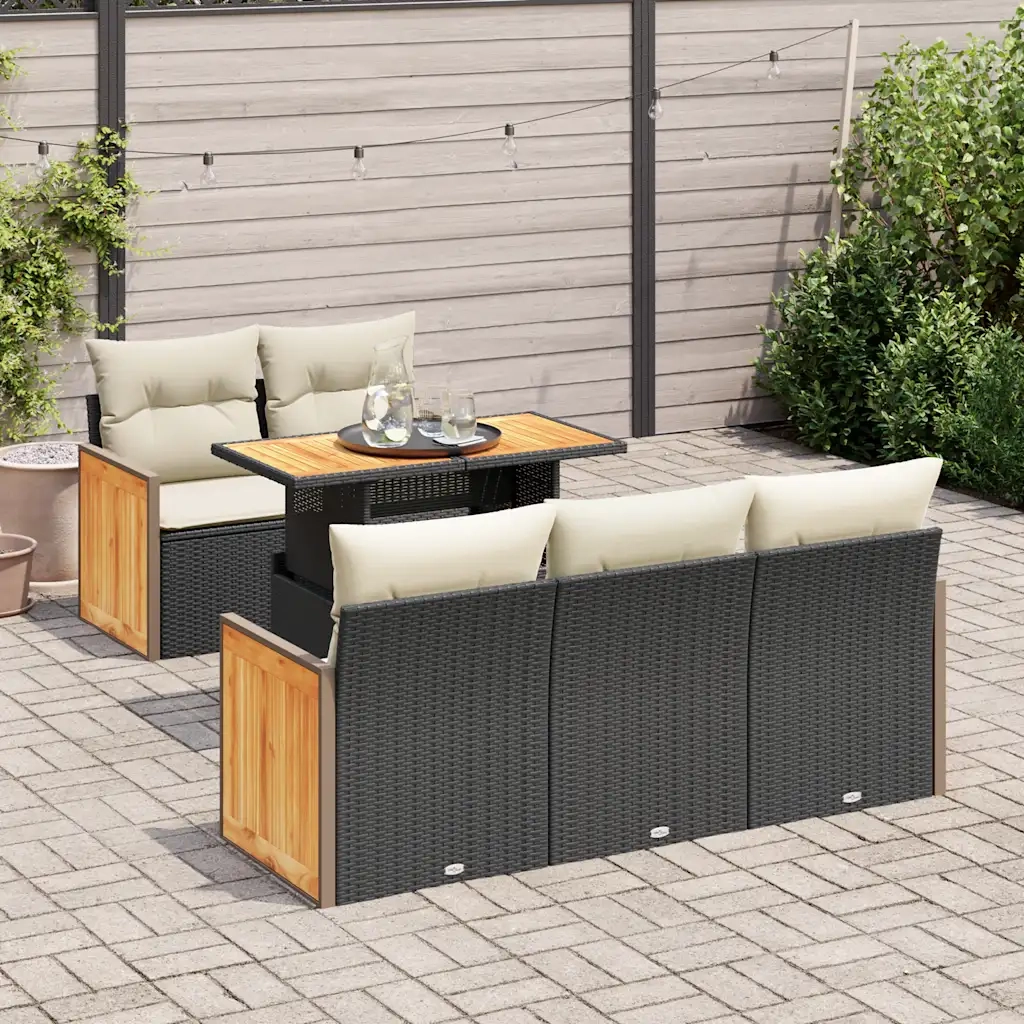 vidaXL Set Divano da Giardino 6 pz con Cuscini Nero Polyrattan Acacia
