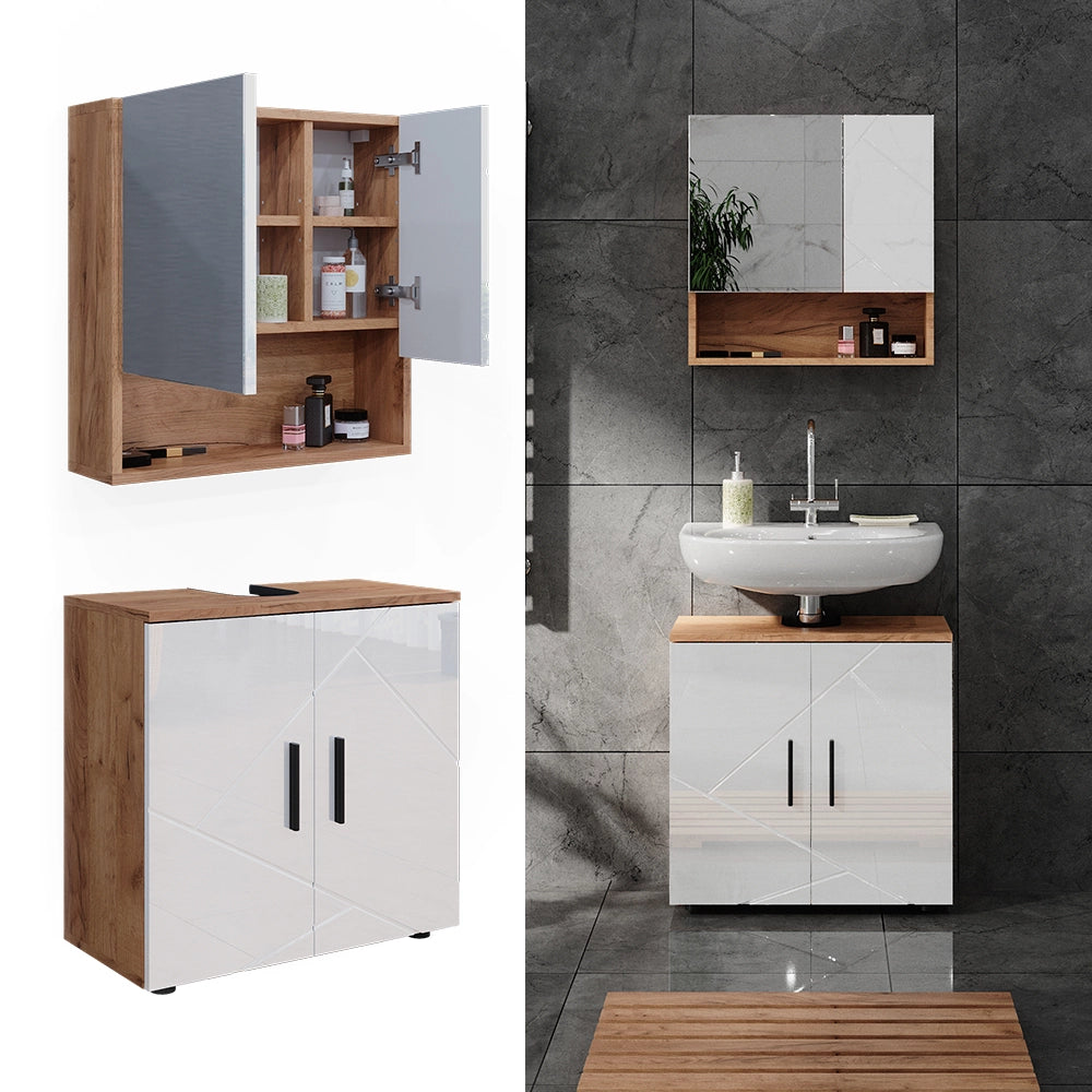 Vicco Set di mobili da bagno Bianco lucido/oro power oak 2 parti, mobile base 60 cm