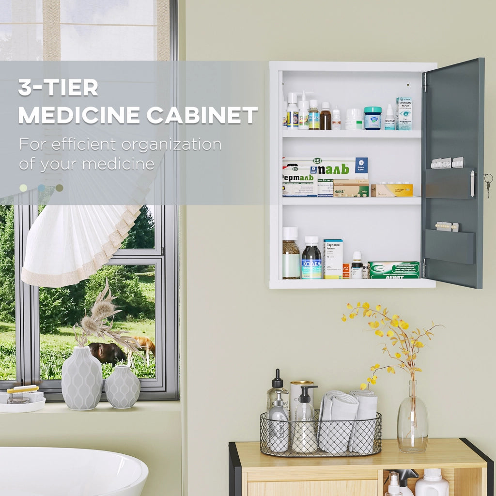 Easycomfort Armadietto Medicinali con 3 Ripiani e Blocco con Chiavi in Acciaio, 40x15x53.5cm, Bianco e Grigio