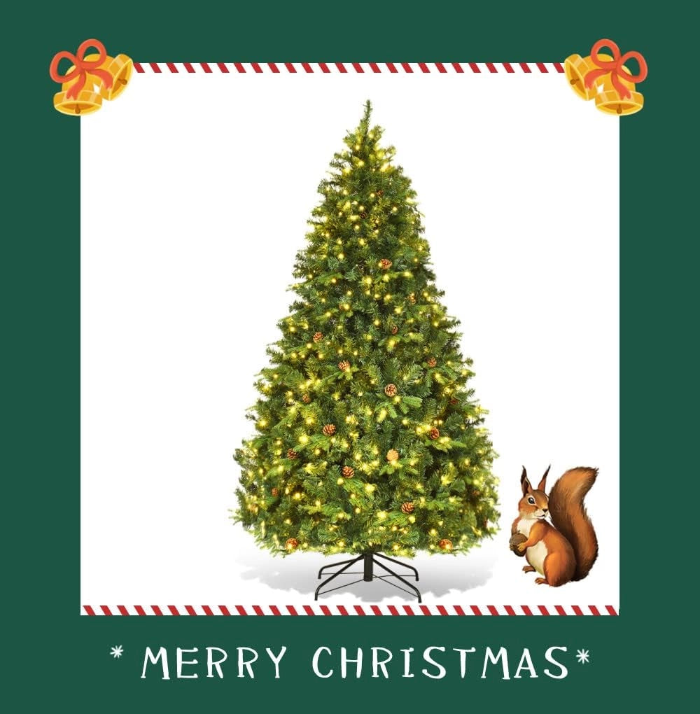 Albero di Natale artificiale, albero di Natale con LED bianco caldo, albero di Natale con supporto in ferro e adattatore, rami densi, albero di Natale con pigne, abete sintetico verde