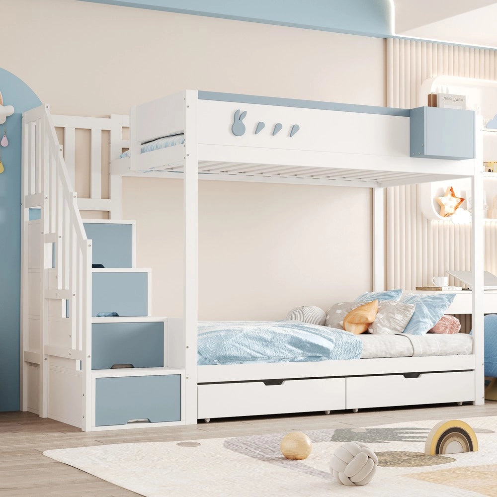 Letto a Castello Bambini con Cassetti e Doghe ¨C MINIMAL ¨C Bianco e Blu 90x200