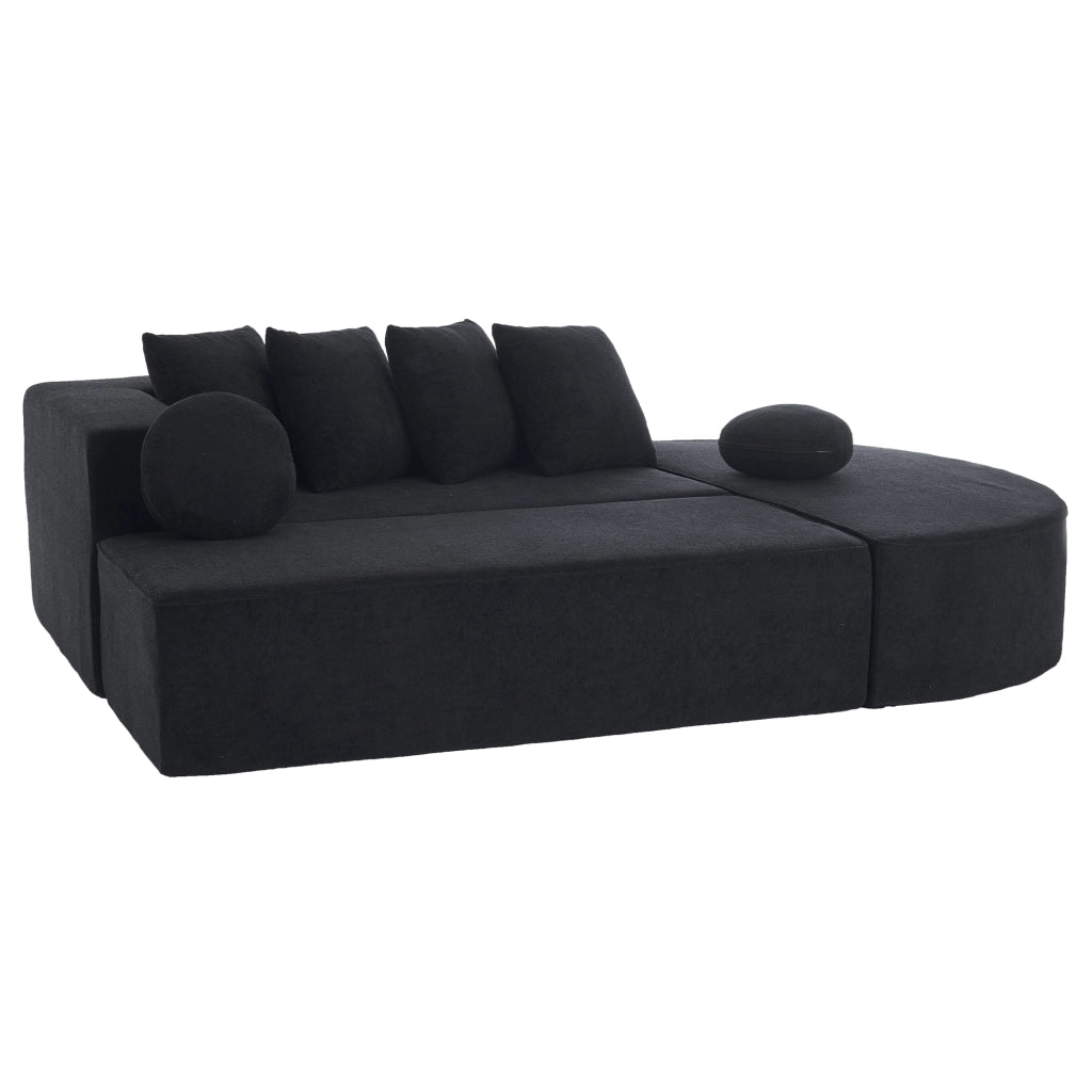 Divano modulare convertibile con 4 cuscini, 2 cuscini rotondi e braccioli, in Chenille, Nero, 263 × 171 × 66 cm