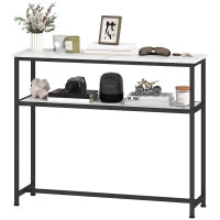 Console da Ingresso Stretta con Superficie Effetto Marmo Mensola Aperta e Struttura in Metallo 100x30x81 cm Bianco