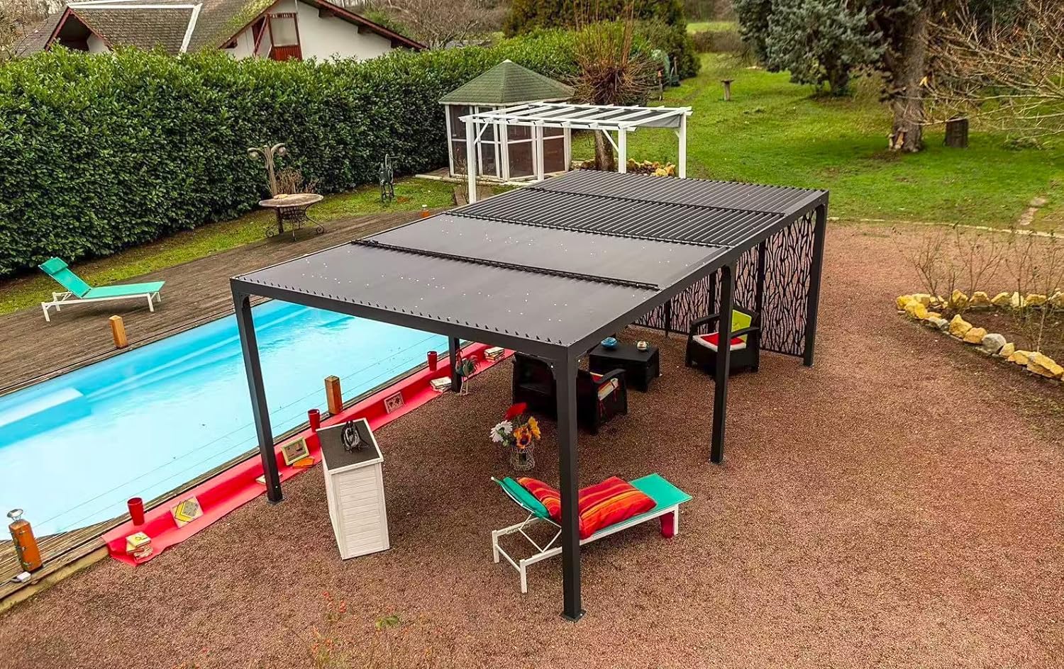 Pergola bioclimatica Foresta gazebo in alluminio, apertura manuale, 360x600 con pannello su lato 360