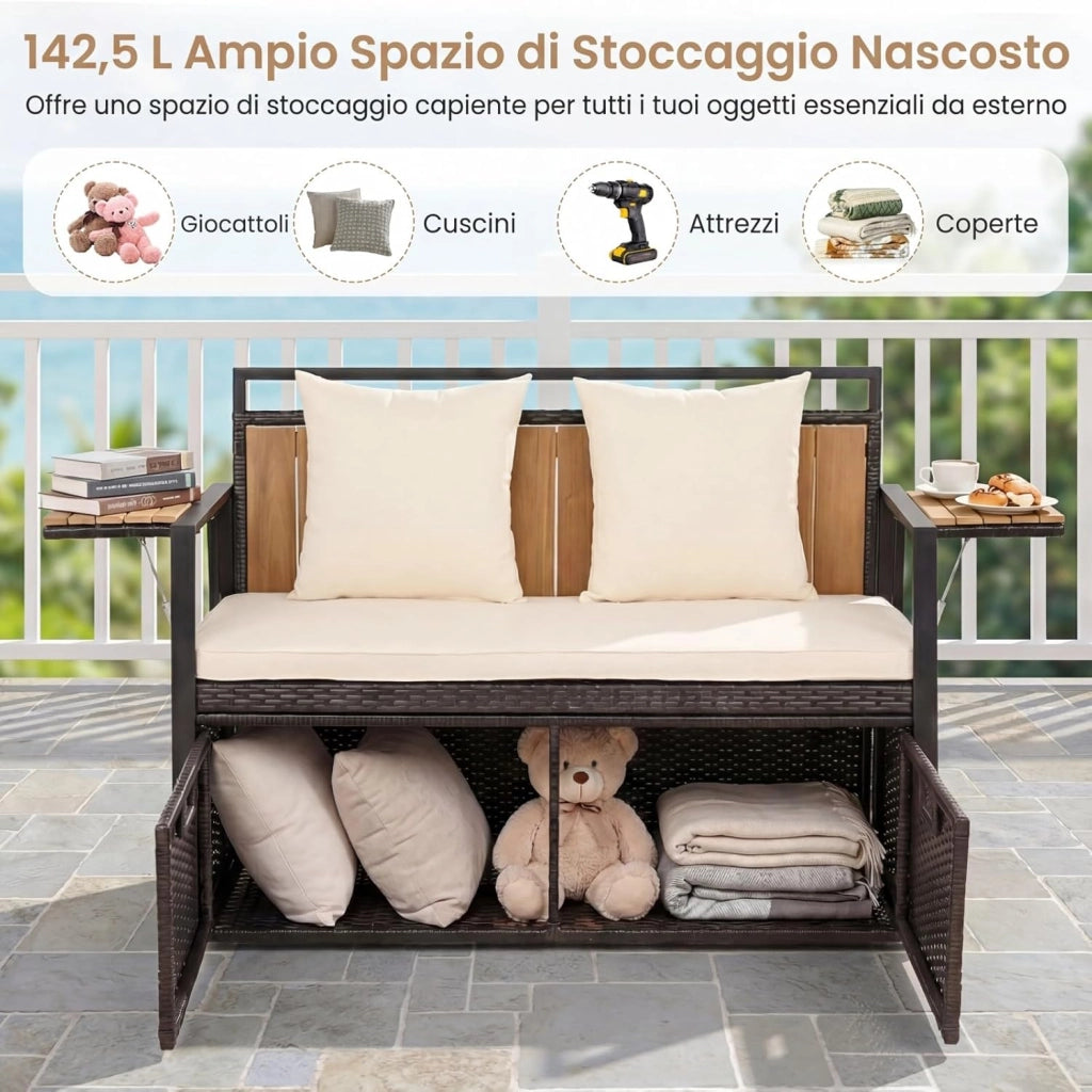 Panca da Giardino con Vano Contenitore, Panchina a 2 Posti in Rattan PE, con Tavolini Pieghevoli, Cuscini Imbottiti, per Esterno, Balcone, Terrazza, 120 x 51 x 82 cm, Portata 360 kg (Beige)