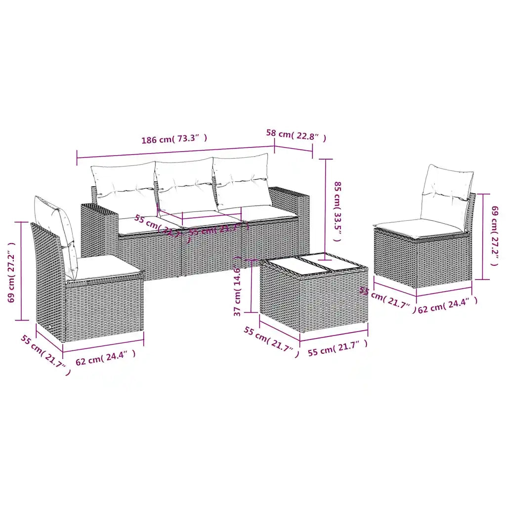 Set Divano da Giardino 6 pz con Cuscini Marrone in Polyrattan 3218793