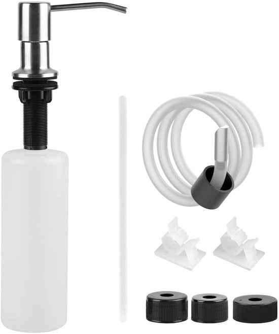 Dispensatore di Sapone da Parete - 500 ml - Bottiglia in Plastica - Cappuccio in Acciaio Inossidabile - Guaina in Silicone 1 m - Resistente alla Corrosione - Spazievolutivo - Dispensatore di Detersivo