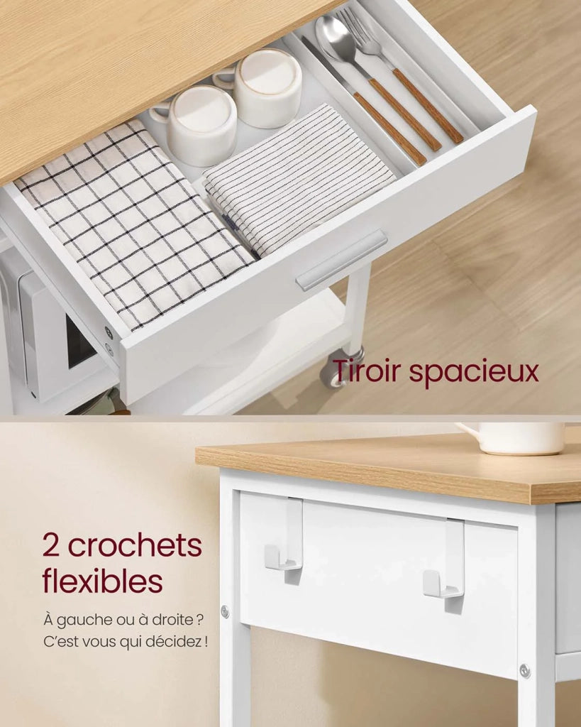 Carrello da cucina su ruote isola cucina mobile 45 x 60 x 90 cm con cassetto e 2 ganci per sala da pranzo bianco 12_0008027