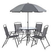 Set Mobili da Giardino Composto di Tavolo, 4 Sedie e Ombrellone - Set di Arredo ad Uso Esterno con Sedie Pieghevoli, Piano Tavolo in Vetro Temperato