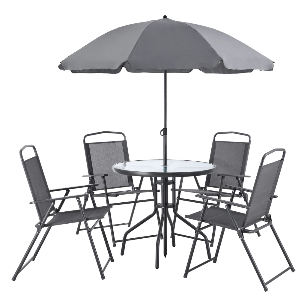 Set Mobili da Giardino Composto di Tavolo, 4 Sedie e Ombrellone - Set di Arredo ad Uso Esterno con Sedie Pieghevoli, Piano Tavolo in Vetro Temperato