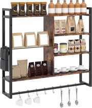Mensola da Parete 107 cm, Scaffale a 6 Livelli con 8 Ganci a S e Tasca Laterale Rimovibile, Espositori per Bar Cucina Salotto Bagno