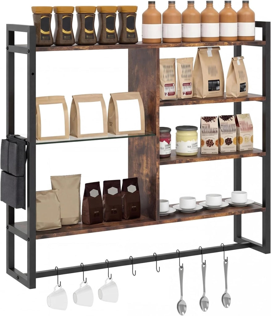 Mensola da Parete 107 cm, Scaffale a 6 Livelli con 8 Ganci a S e Tasca Laterale Rimovibile, Espositori per Bar Cucina Salotto Bagno