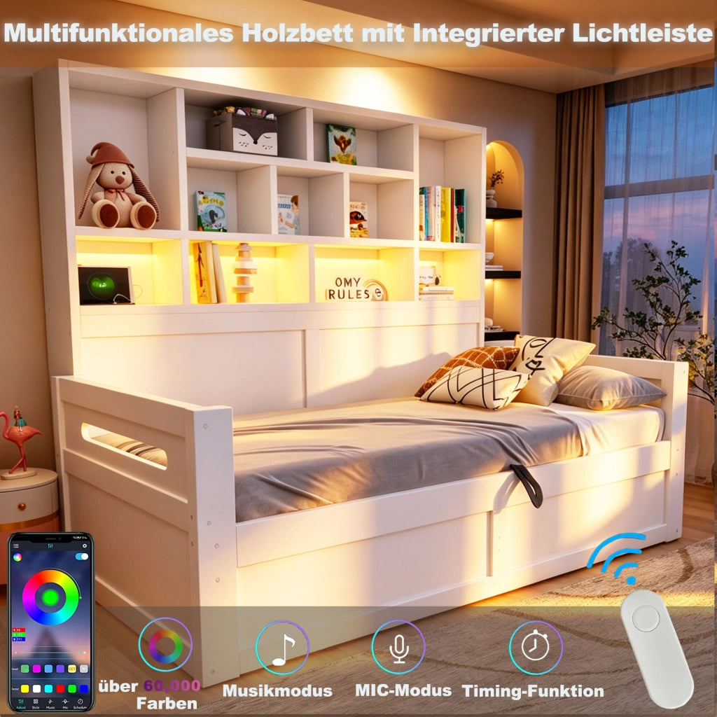 Letto contenitore 90x200 cm con sollevamento idraulico; LED; USB e ripiani portaoggetti; MDF bianco