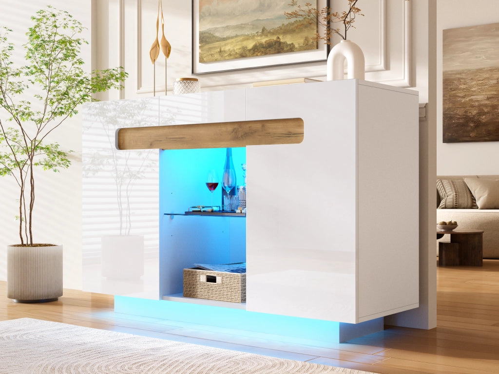 Credenza con LED e 4 vani, ripiani in vetro regolabili, per soggiorno e cucina, bianco naturale, 120 × 40 × 80 cm