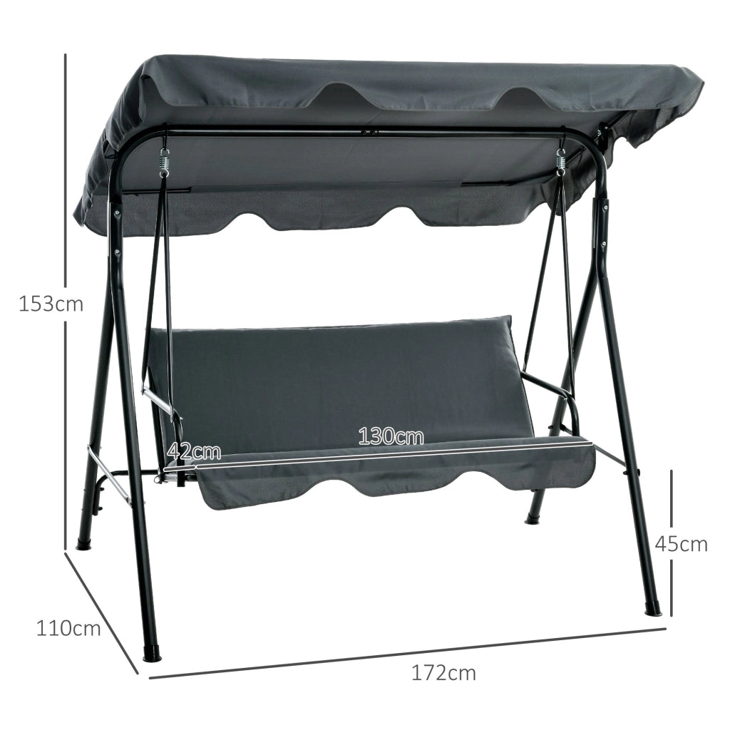 Dondolo 3 Posti con Tettuccio Regolabile 172x110x153 cm in Acciaio e Poliestere Grigio