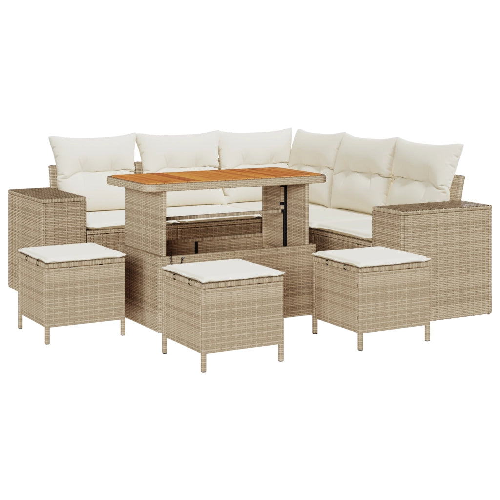 Set di Divano da Giardino con Cuscini Beige Polyrattan Acacia 9 Pezzi