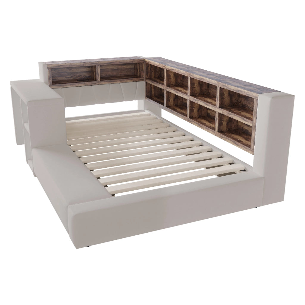 Letto imbottito 90 x 200 cm con testiera imbottita, vani contenitore integrati, LED, prese e comodino laterale, grigio chiaro