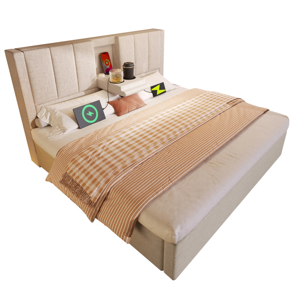 Letto imbottito di dimensioni 180x200 cm con sistema di carico idraulico e lenzuola beige