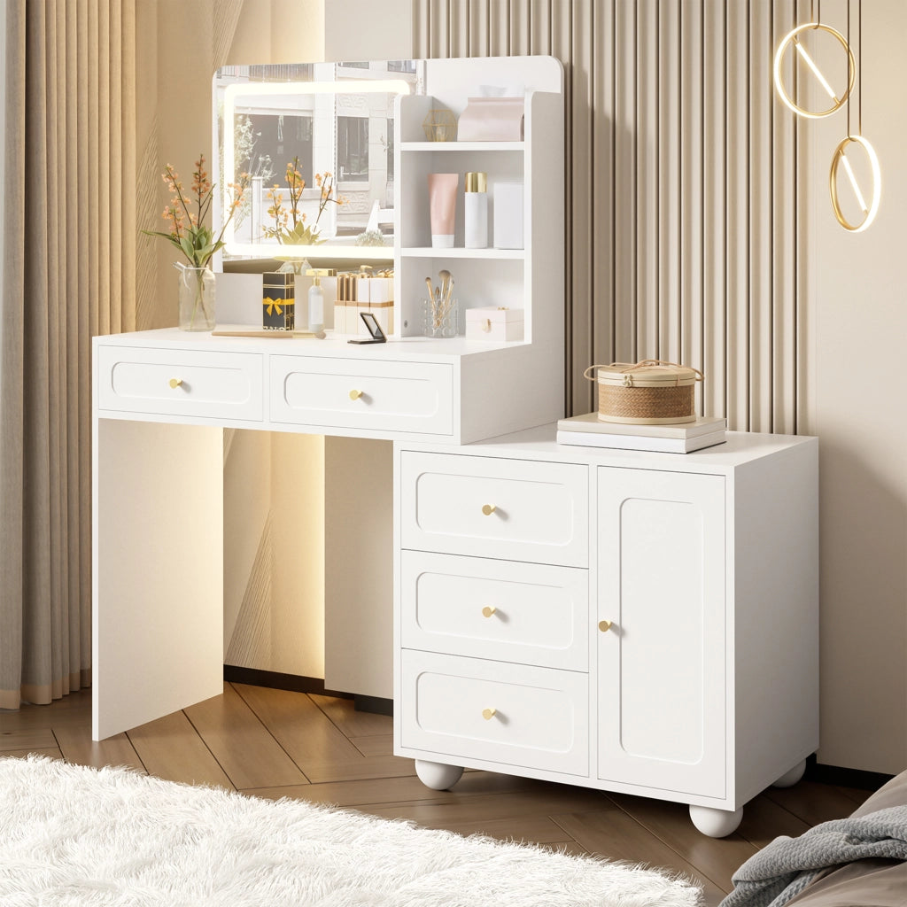 Tavolo da trucco bianco con specchio HD, 5 cassetti, 1 anta, 3 vani a giorno e illuminazione LED a 3 modalit¨¤