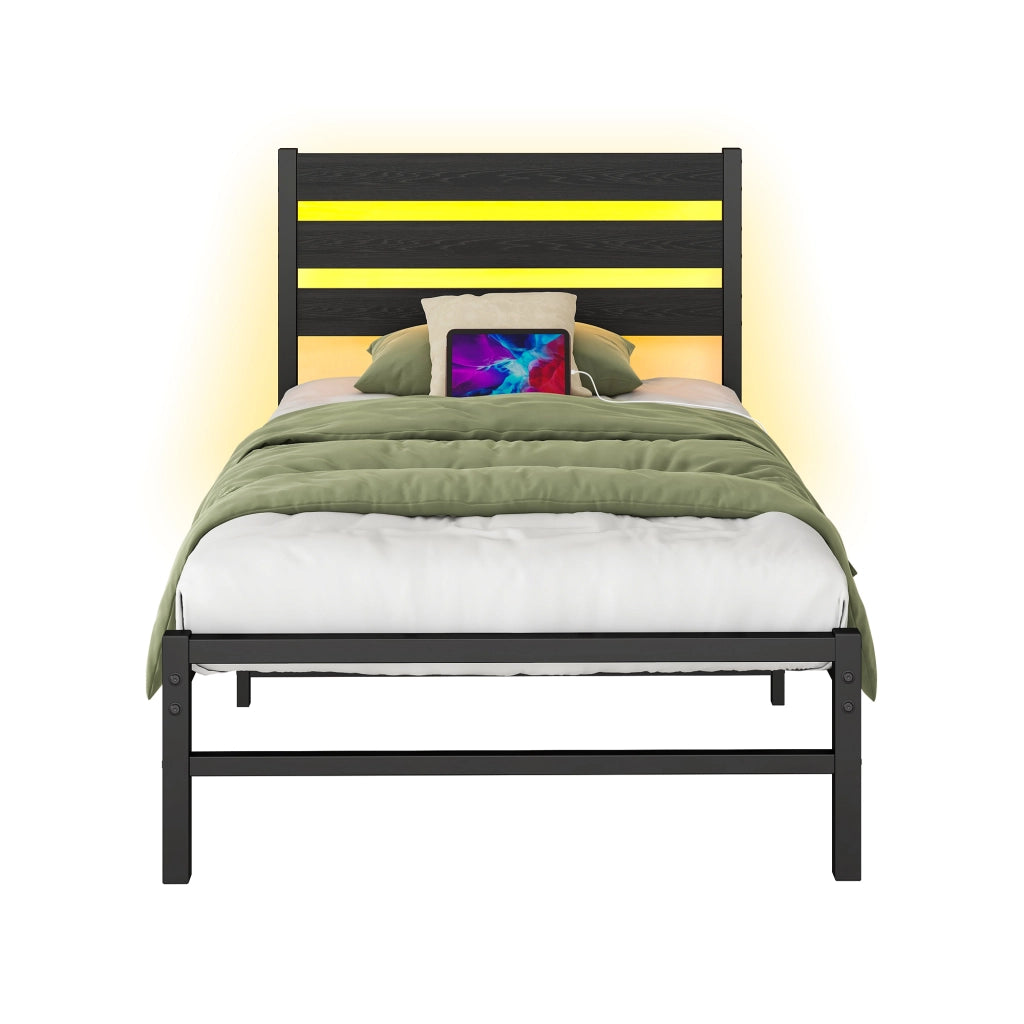 Letto in metallo con LED USB 90x200 MDF nero e metallo