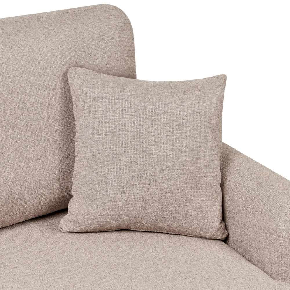 Divano letto angolare con contenitore lato sinistro marrone chiaro rivestimento in poliestere effetto lino contenitore cuscini design moderno