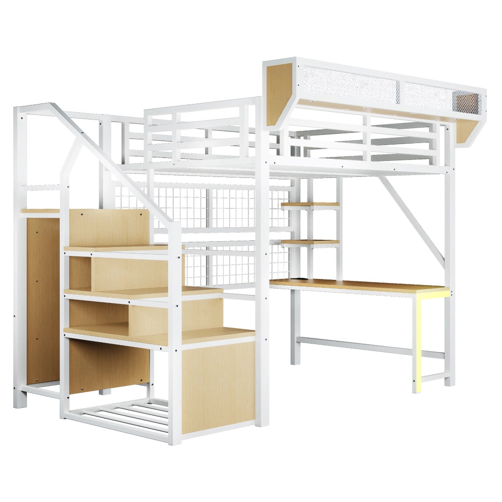 Letto a Soppalco con Scrivania e LED ¨C MINIMAL ¨C Metallo Bianco 140x200