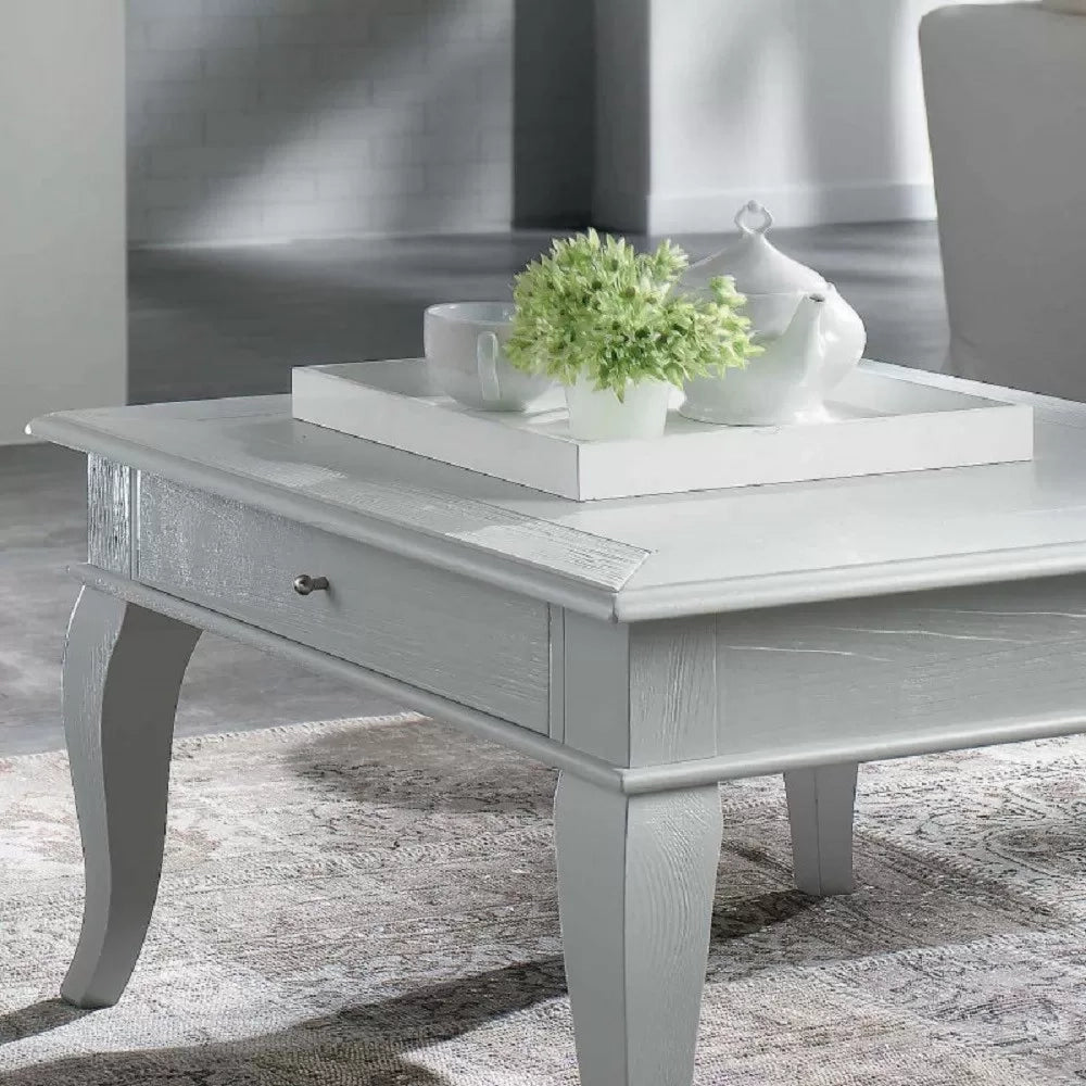 Tavolino shabby quadrato 1 cassetto legno massello bianco l.80 p.80 h.48 - Mobili 2G
