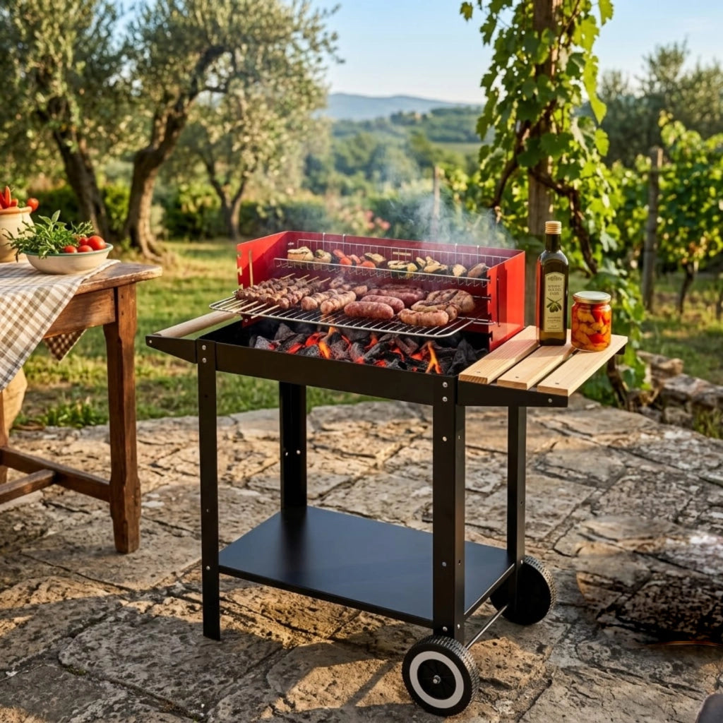 Barbecue Con Griglia Regolabile Accessori Inclusi Ripiano Laterale Mensola Inferiore Ruote Integrate E Griglia Scaldavivande 86 x 40.5 x 81 Cm Nero