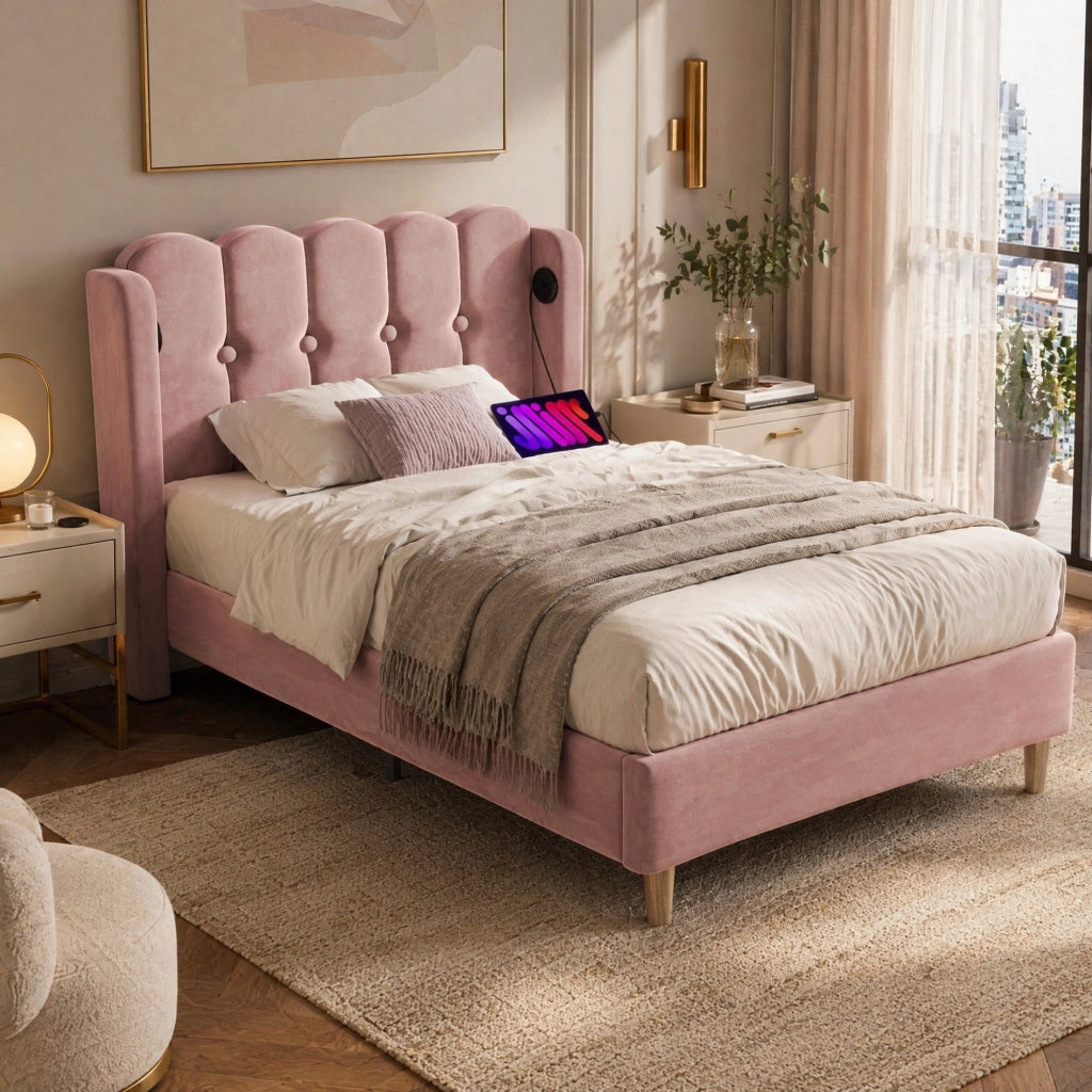 LETTO singolo 90x200 cm in velluto rosa con USB e Type-C