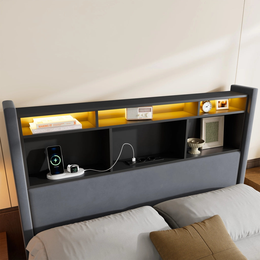 Letto matrimoniale contenitore imbottito grigio scuro 140x200 cm con LED e ricarica USB