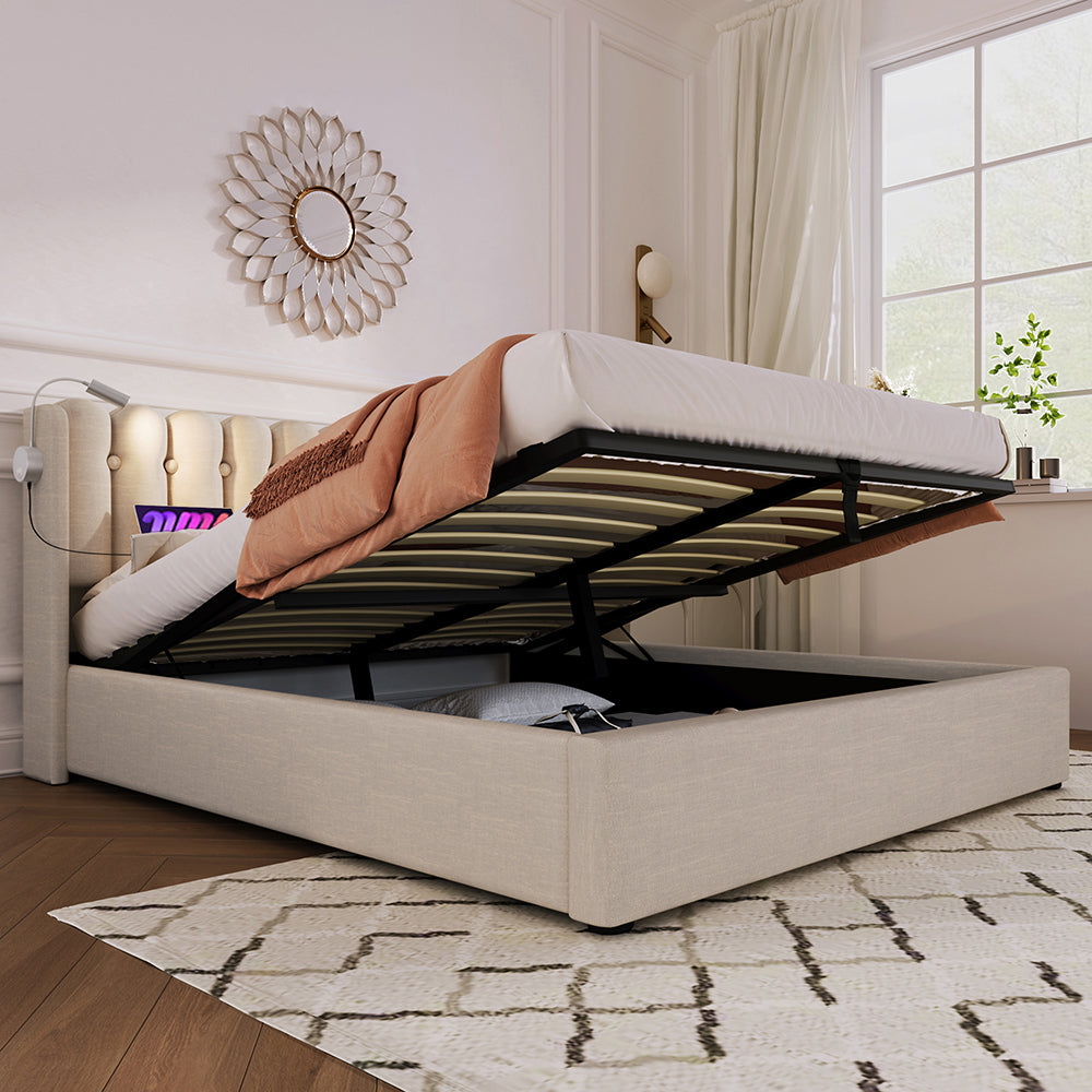 Letto a cassone imbottito - Xylo - 160x200 cm - Beige - Con funzione di carico e due luci da lettura