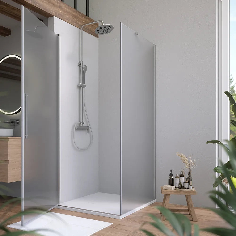 Box doccia 75x80cm con apertura a battente e parete fissa, profili cromati e vetro da 6mm opaco h195 | Elba
