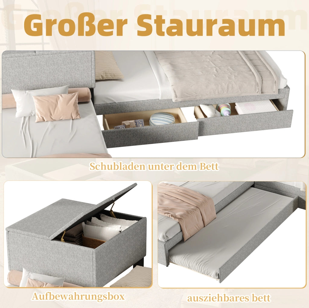 Letto ad angolo 90x200 cm con letto estraibile e contenitore