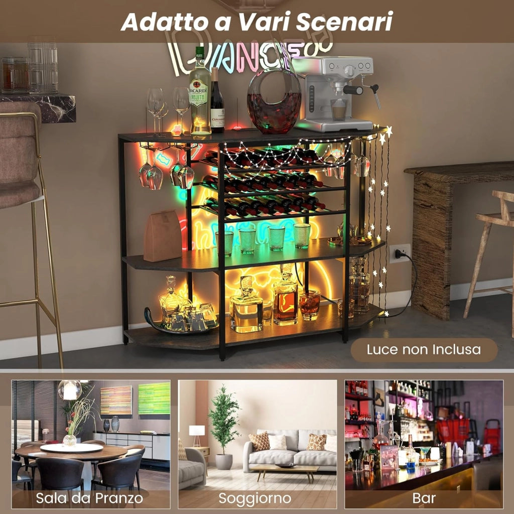 Mobiletto Portabottiglie da Vino a 3 Livelli, con Ripiani di Stoccaggio, Porta Bicchieri, Porta Bottiglie, Prolunghe Elettriche, per Soggiorno Cucina, Bar, 120 x 40 x 92 cm (Grigio Scuro)