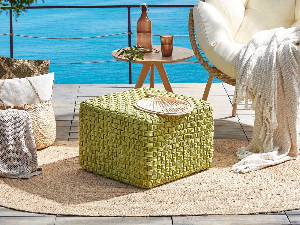 Pouf da giardino verde in materiale sintetico 50 x 50 cm Pouf da esterno intrecciato a mano in stile boho