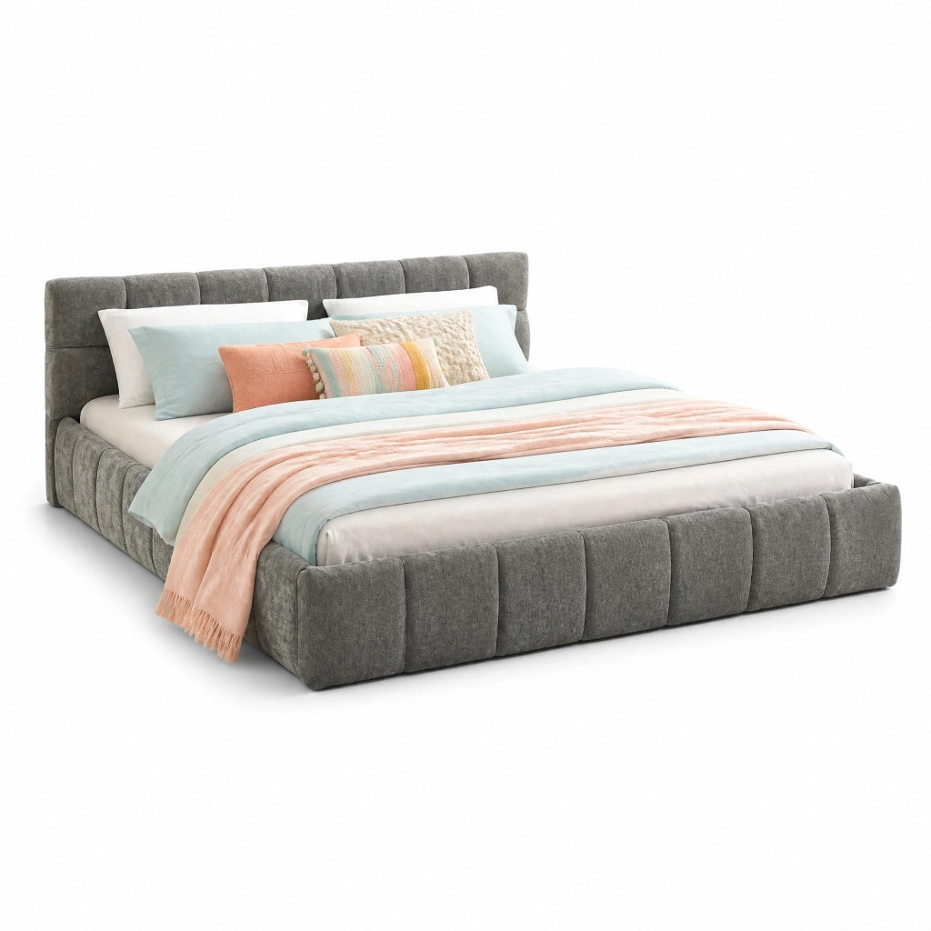 Letto matrimoniale 140x200 cm in chenille Dark Gray con struttura in eucalipto e ferro