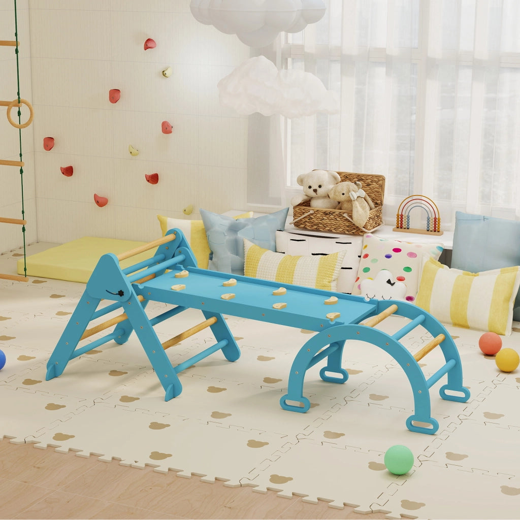Letto a castello Montessori triangolare pieghevole con arco e rampa per bambini ¨C zephmum ¨C blu 188x70 cm