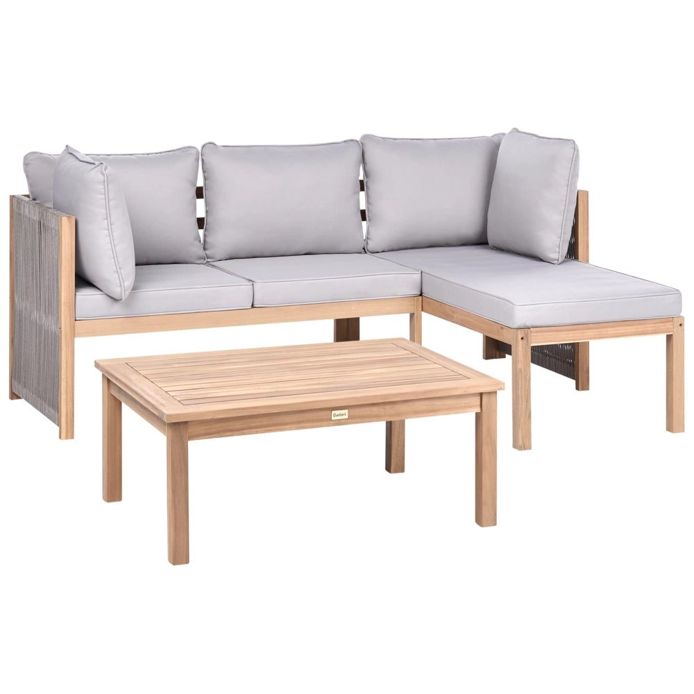 Set divano angolare da giardino grigio in legno di acacia con rivestimento in tessuto,cuscini sfoderabili resistenti ai raggi UV e all'acqua