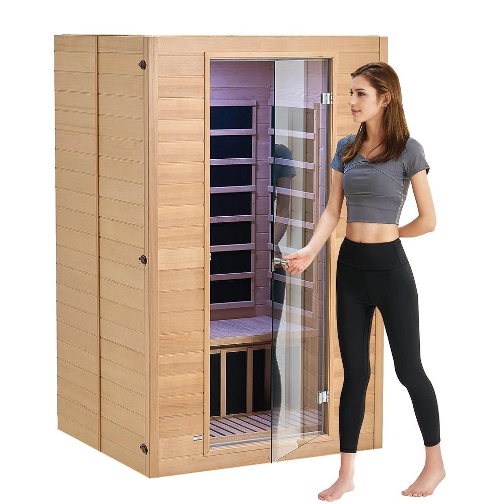 Sauna Infrarossi Lontani 2 Persone Legno Hemlock Basso EMF Vetro Temperato Bluetooth 1800W Interno