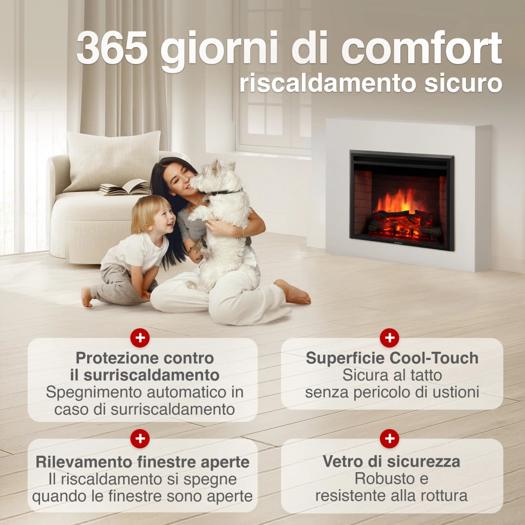 KAMINIO Camino elettrico LUCA - Camino elettrico a incasso con riscaldamento, effetto fiamma 3D, 12 colori di fiamma, telecomando - 23 pollici