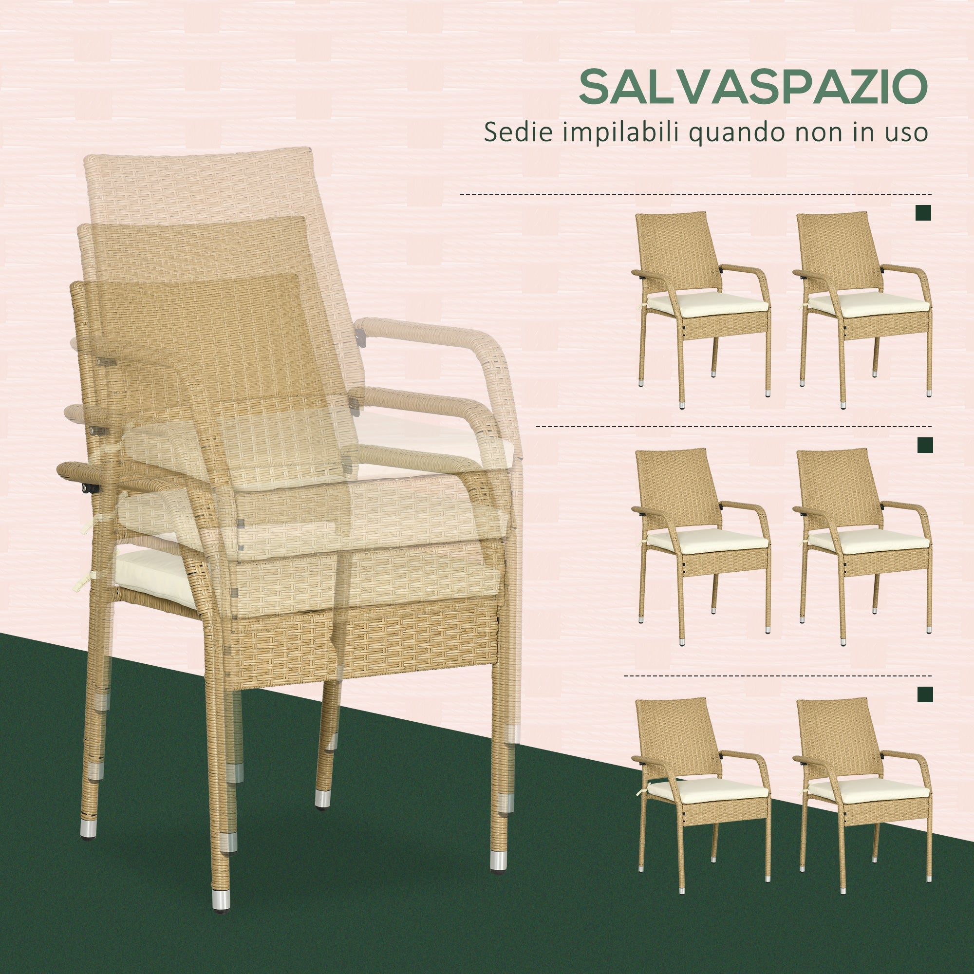 Set Tavolo e 6 Sedie da Giardino in in Rattan Sabbia e Beige