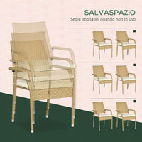 Set Tavolo e 6 Sedie da Giardino in in Rattan Sabbia e Beige