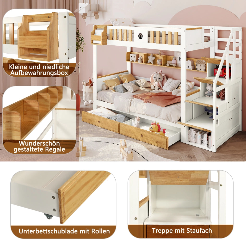 Letto a Castello 90x200 cm; Letto Singolo 2 Posti; Scala Contenitore; 2 Cassetti; Bianco e Naturale